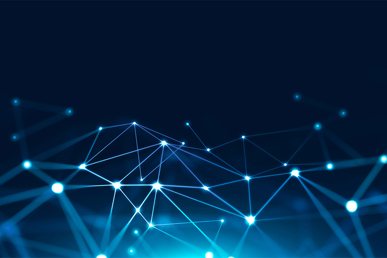 Blue background with digitally drawn line designs.