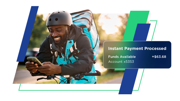 Man on a bike as a food delivery driver looking at his phone and the fifth third app