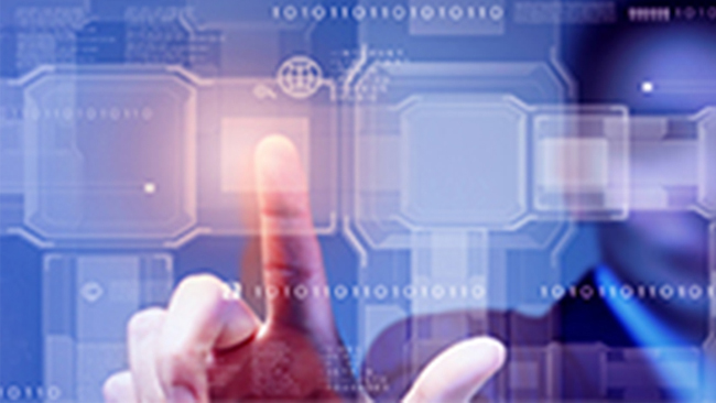 a businessman touching his index finger to a digital screen that illuminates when touched